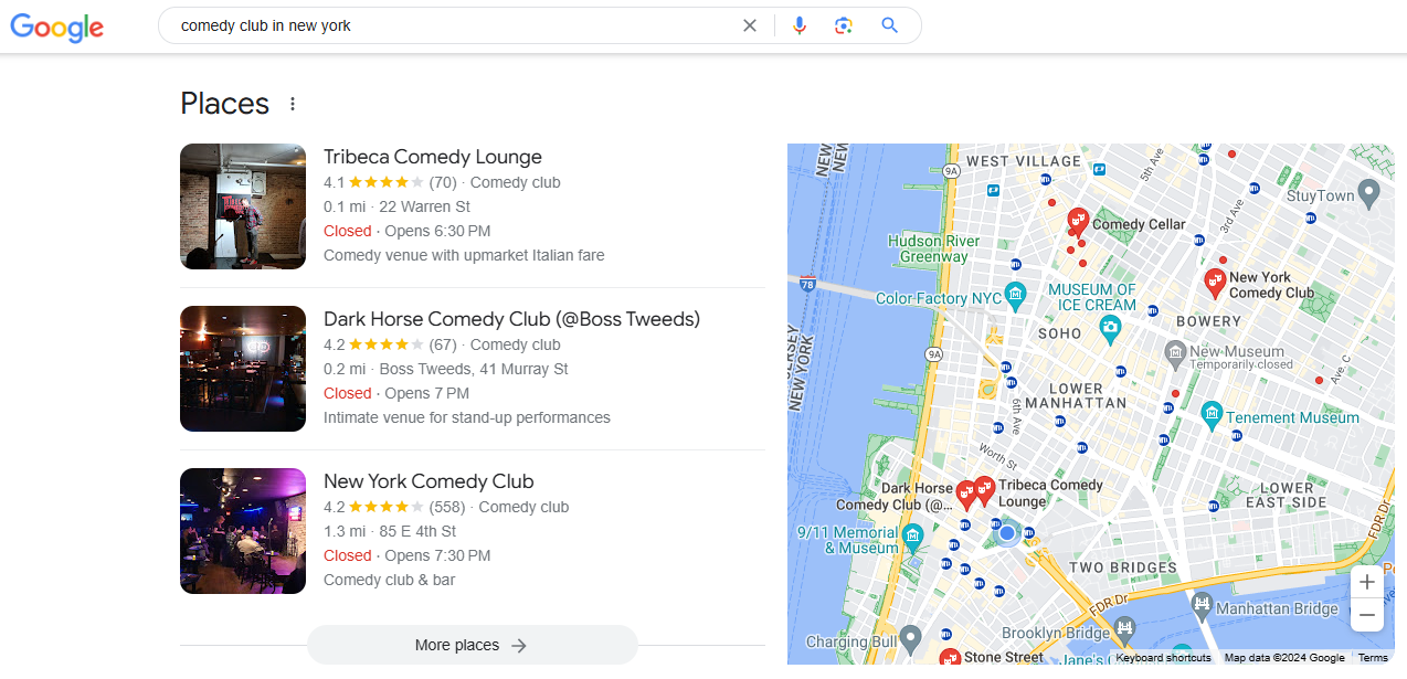 Google 本地 Pack results for comedy clubs in New York.