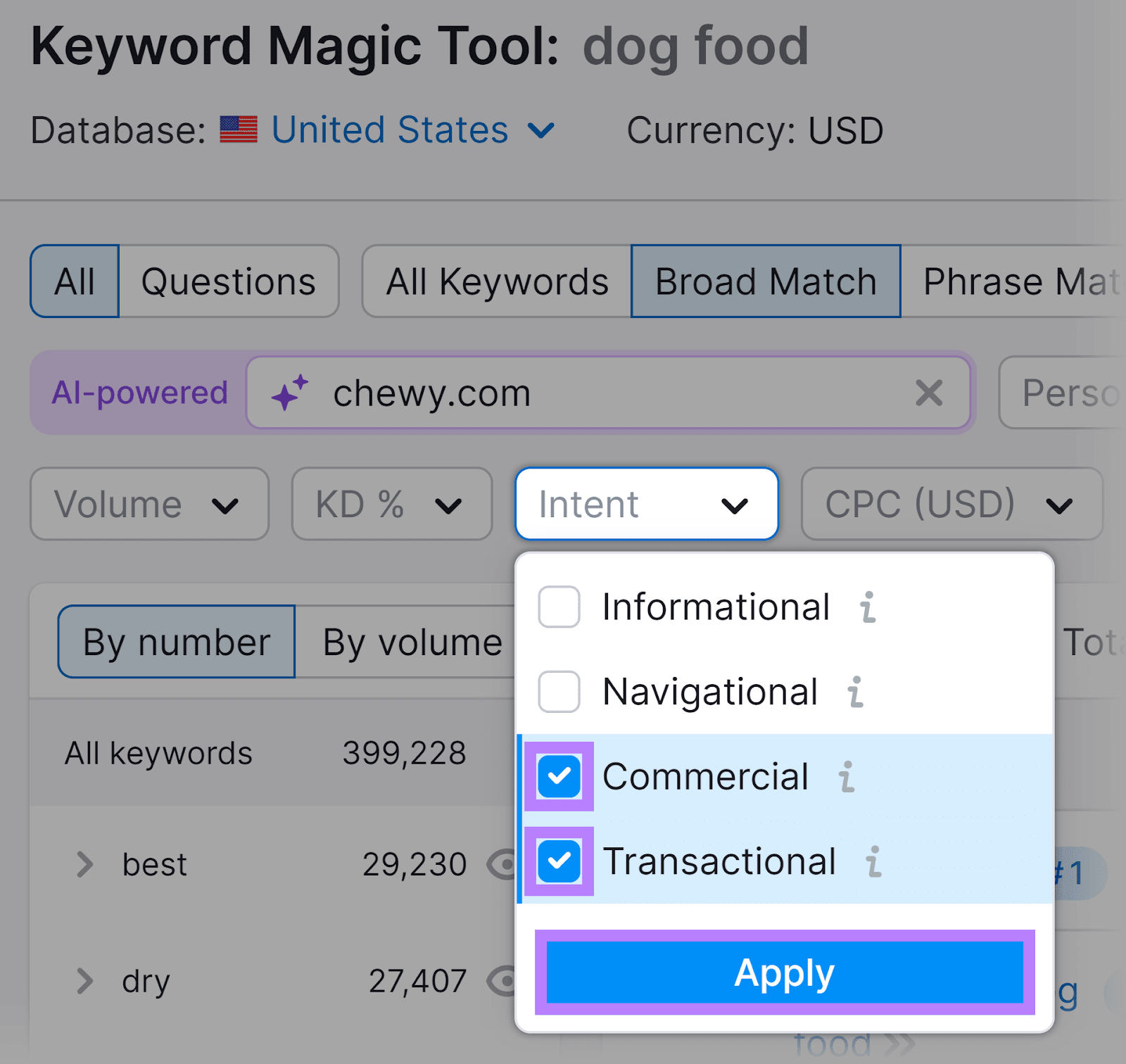 意图 dropdown clicked, 商业广告和事务性的 options checked，而申请 button highlighted