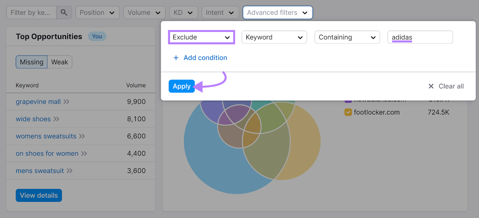 Advanced filters dropdown clicked和configured to exclude 'adidas' keyword