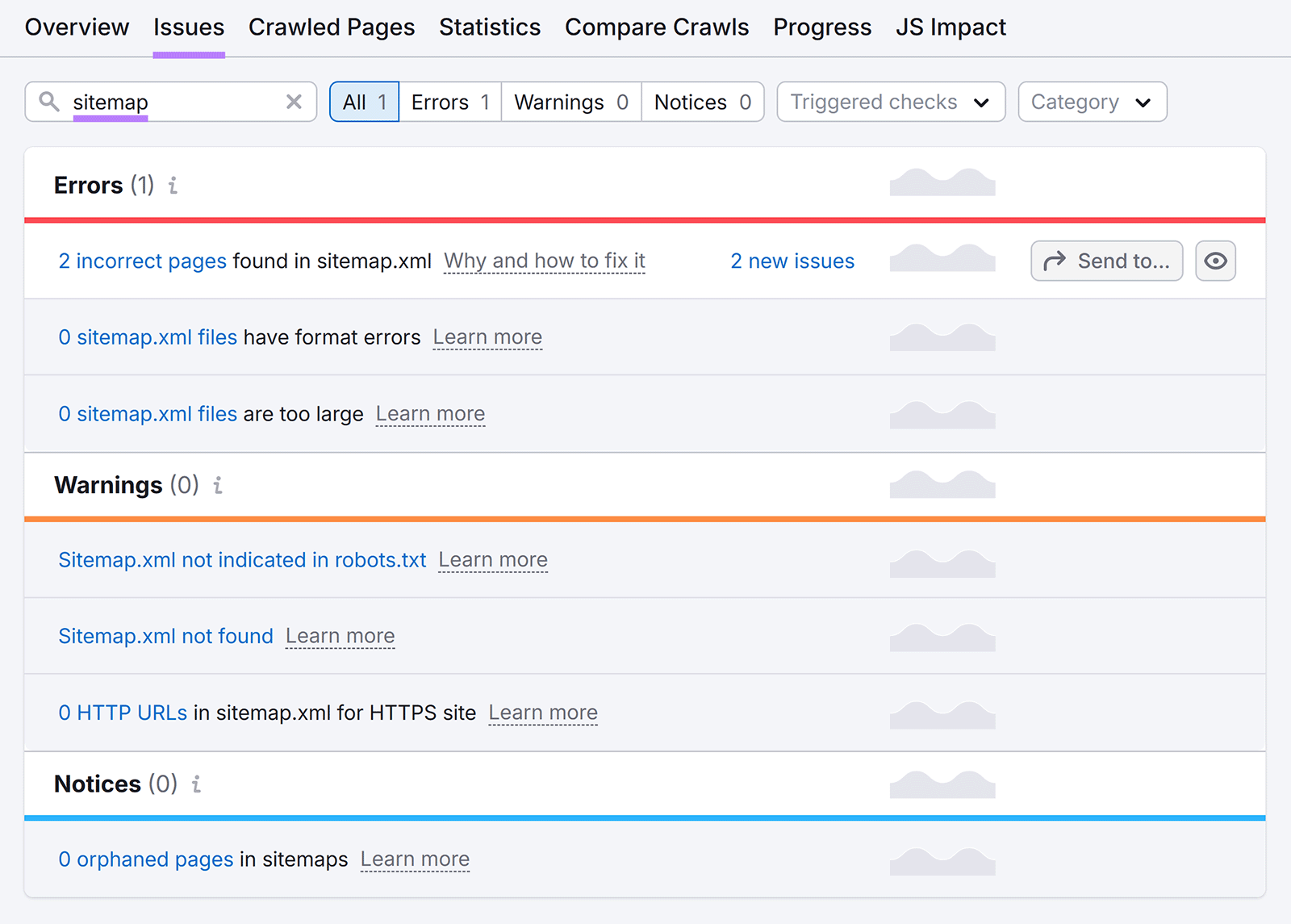 问题 tab, with “问题” highlighted, “sitemap” typed and highlighted, and the list of Sitemap issues showing
