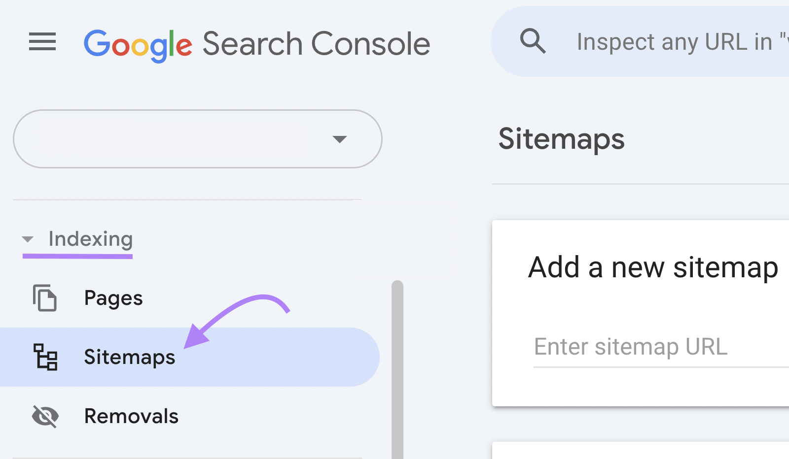 Google 搜索 Console interface showing where to find the option to add an XML站点地图.