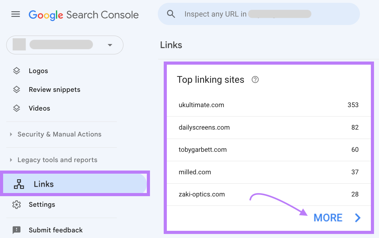 “Top linking sites”section in 谷歌搜索控制台