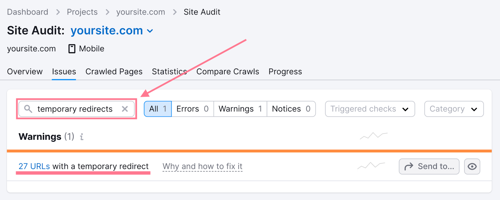 Temporary redirect error highlighted in the 