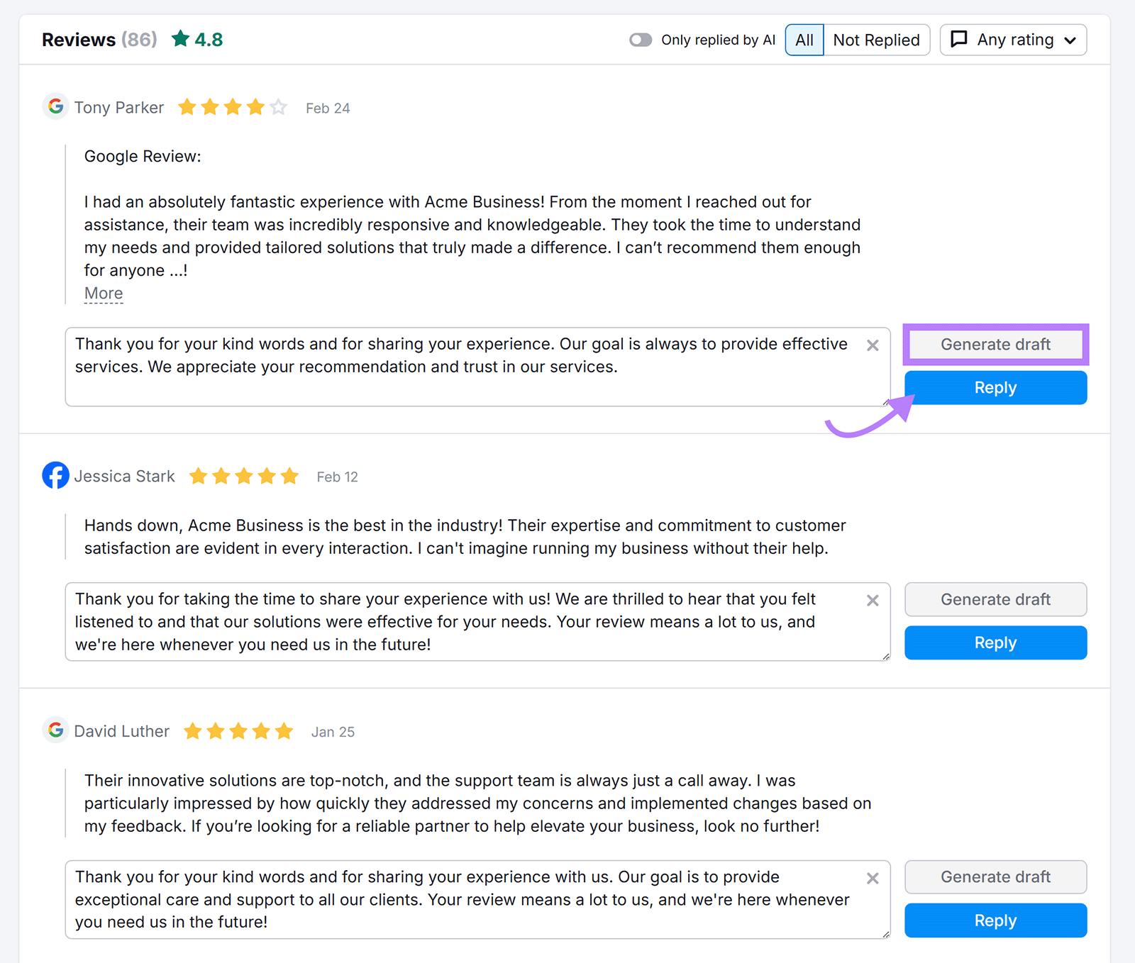 检讨报告 section with recent reviews, 生成草稿 button highlighted, and arrow to 答复 button