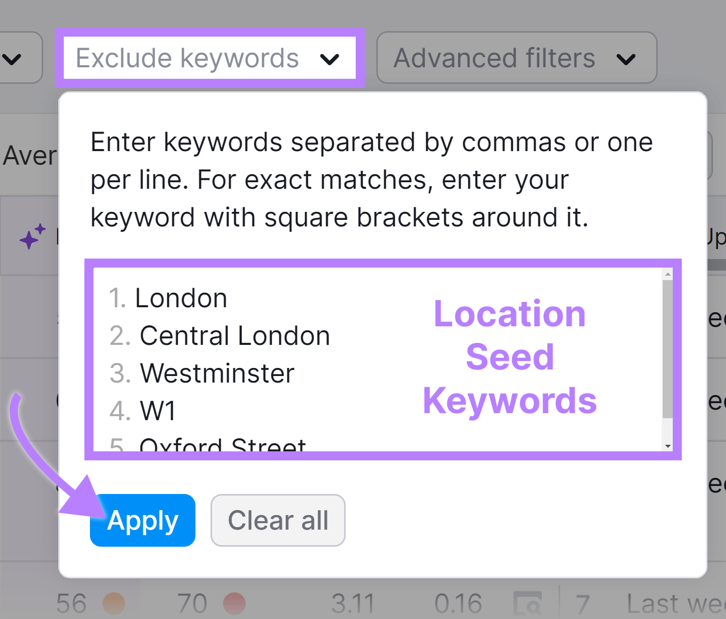 排除关键字 filter selected, location seed keywords entered, and arrow pointing to 申请 button.