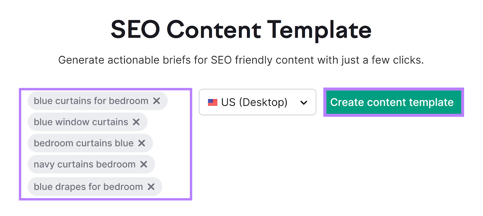 SEO content template tool with 关键词 entered和Create content template button highlighted