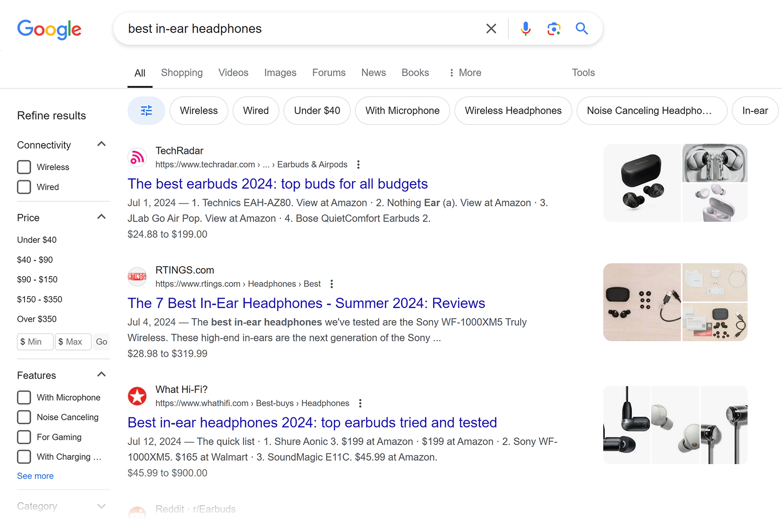 Google SERP for 'best in-ear headphones' showing product comparisons和roundups