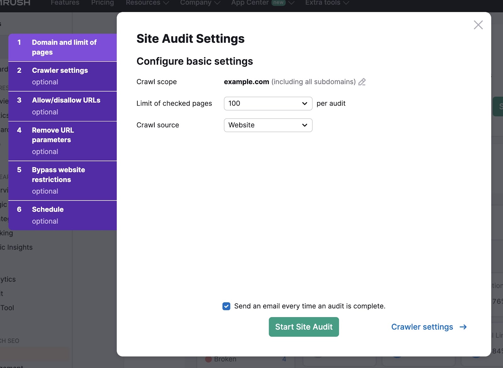 Basic settings page on 现场审核 to set crawl scope, source, and limit of checked pages.