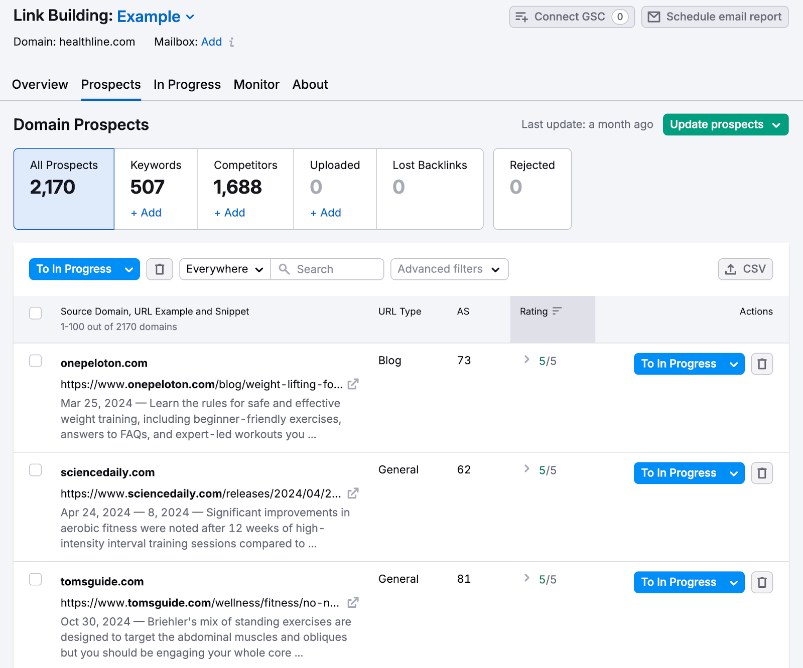 Link Building domain prospects report shows backlink opportunities based on competitors和keywords.
