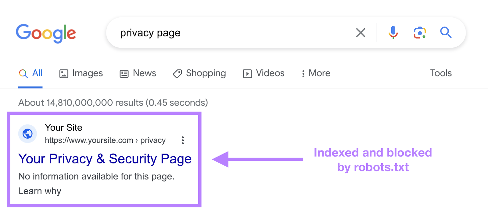 Example of page indexed和blocked by robots.txt in search results