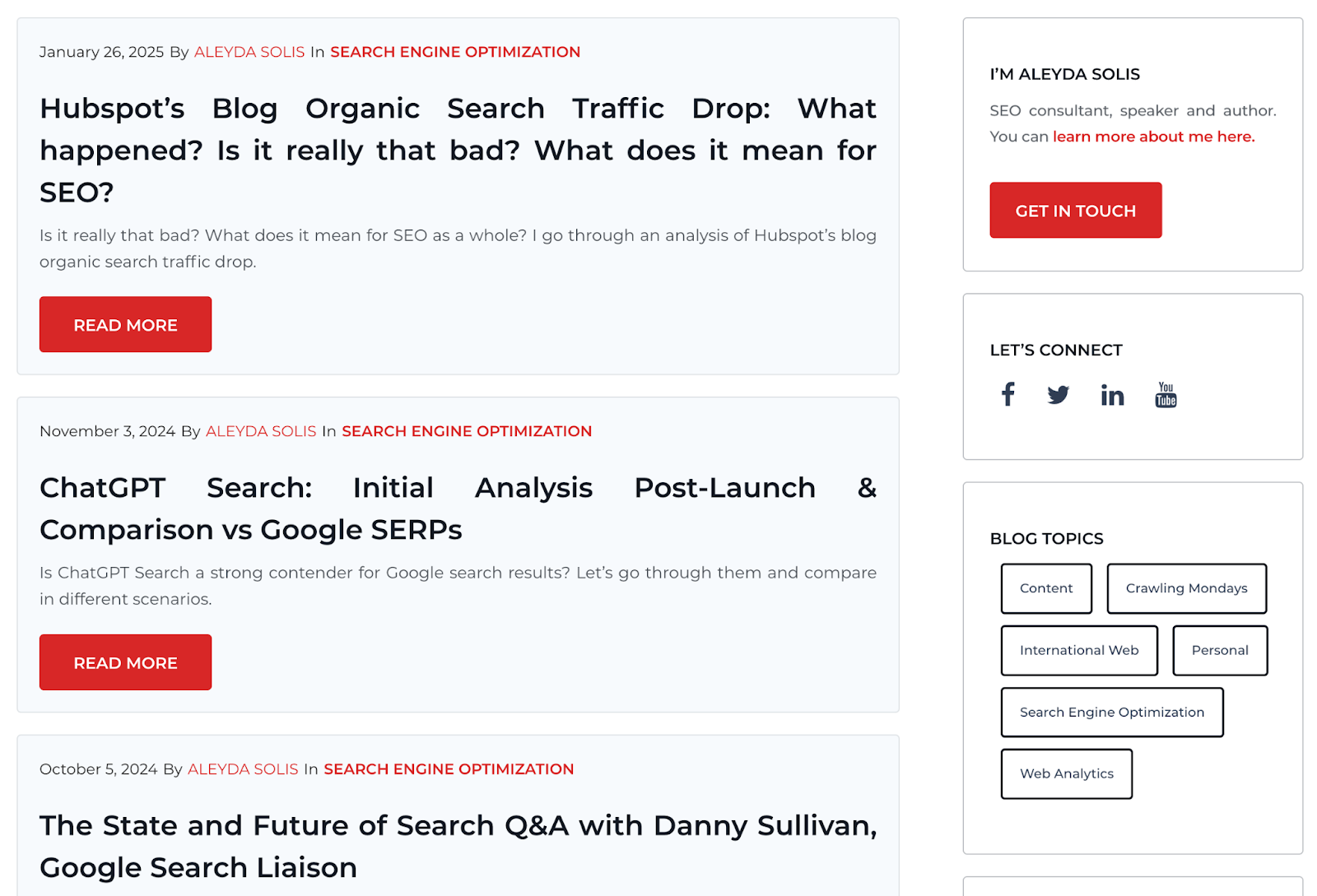阿利达*索利斯's SEO blog features content about organic traffic drops, ChatGPT search，而the future of search.