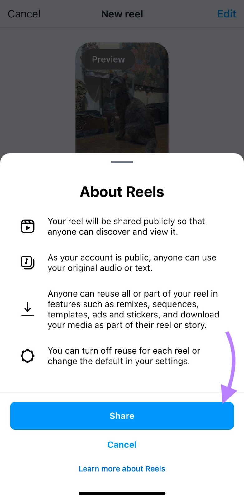 The final window before publishing a new reel on Instagram with the 