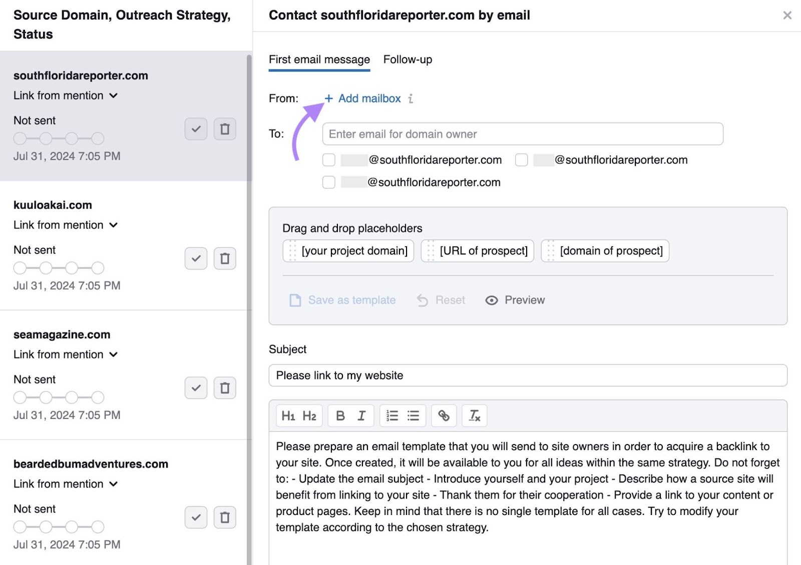 Arrow pointing toward the “+ Add mailbox” below 