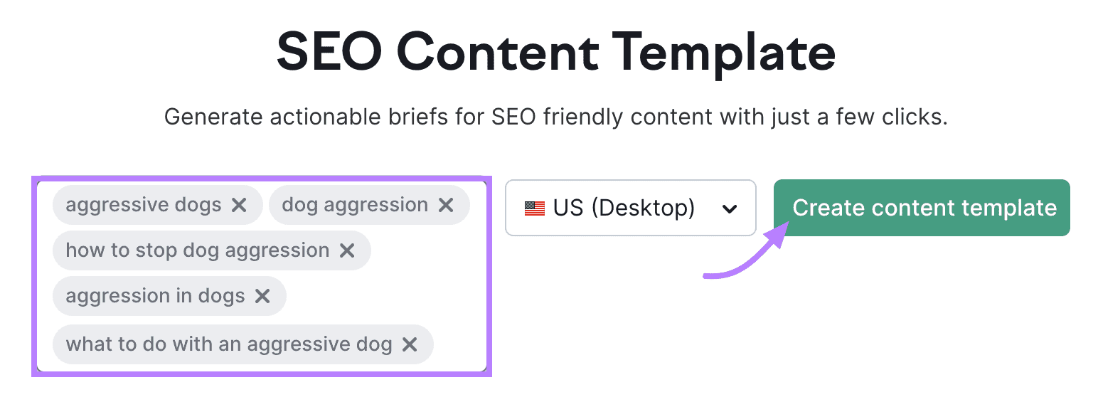 Semrush's SEO内容模板 interface with the keywords field filled out and a button to 