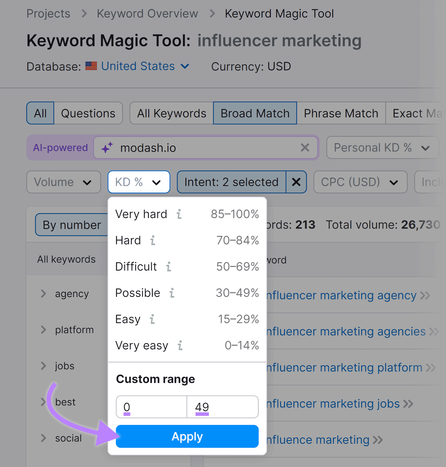 KD% filter expanded, custom range values entered, and arrow pointing to 申请 button