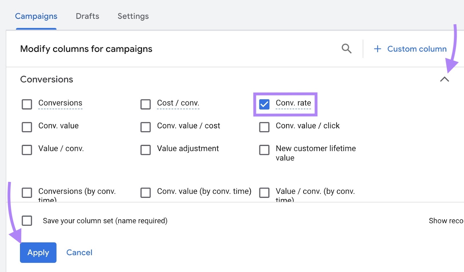 修改列 for campaigns window on Google Ads with 