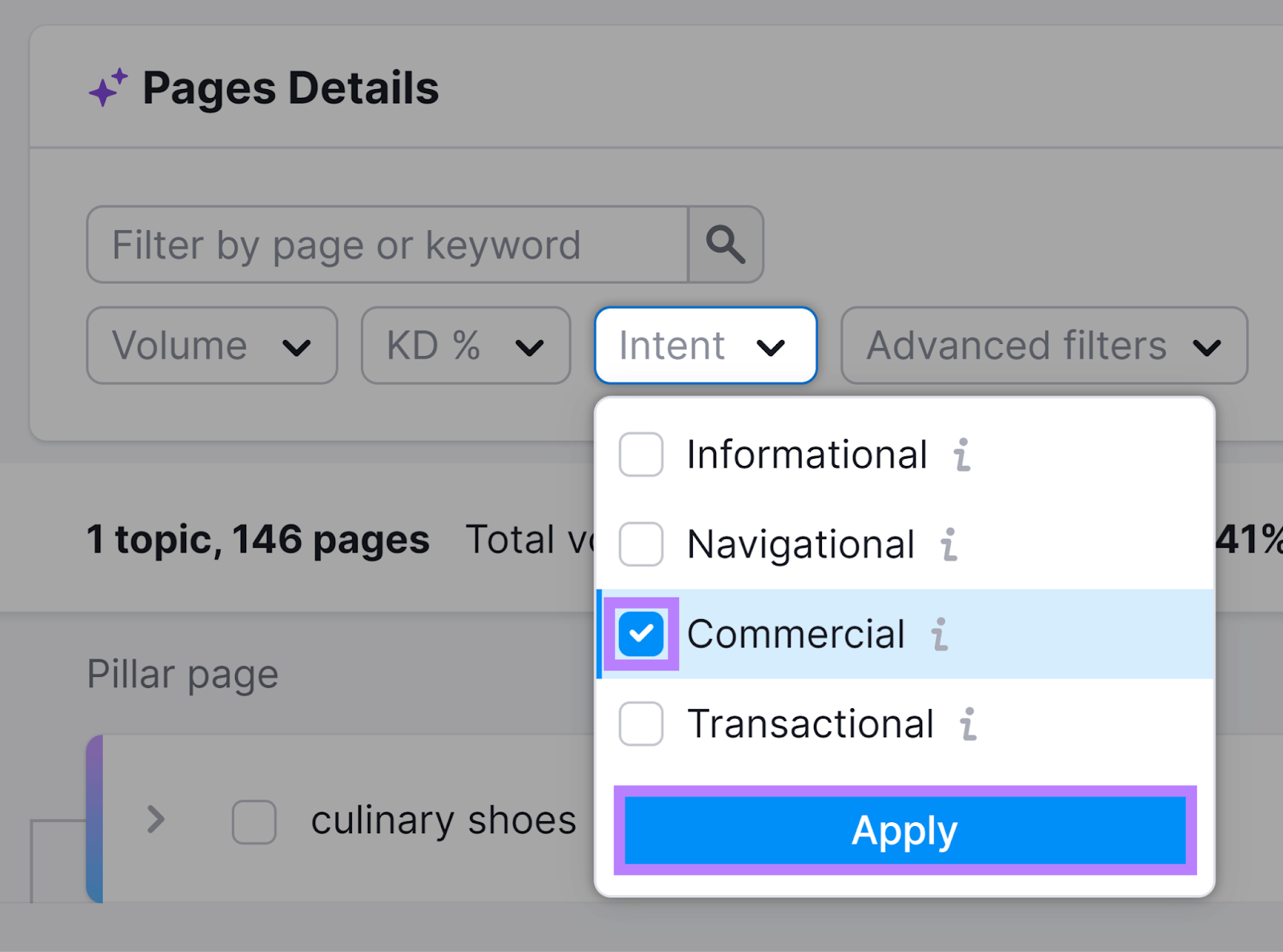 意图 filter selected, '商业广告' checked，而申请 button highlighted
