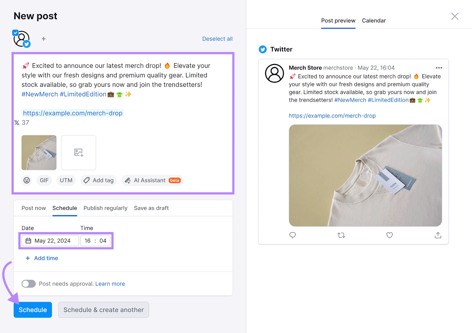 Social Post scheduler dashboard with tweet text和image entered, date scheduled,而arrow pointing to schedule button.