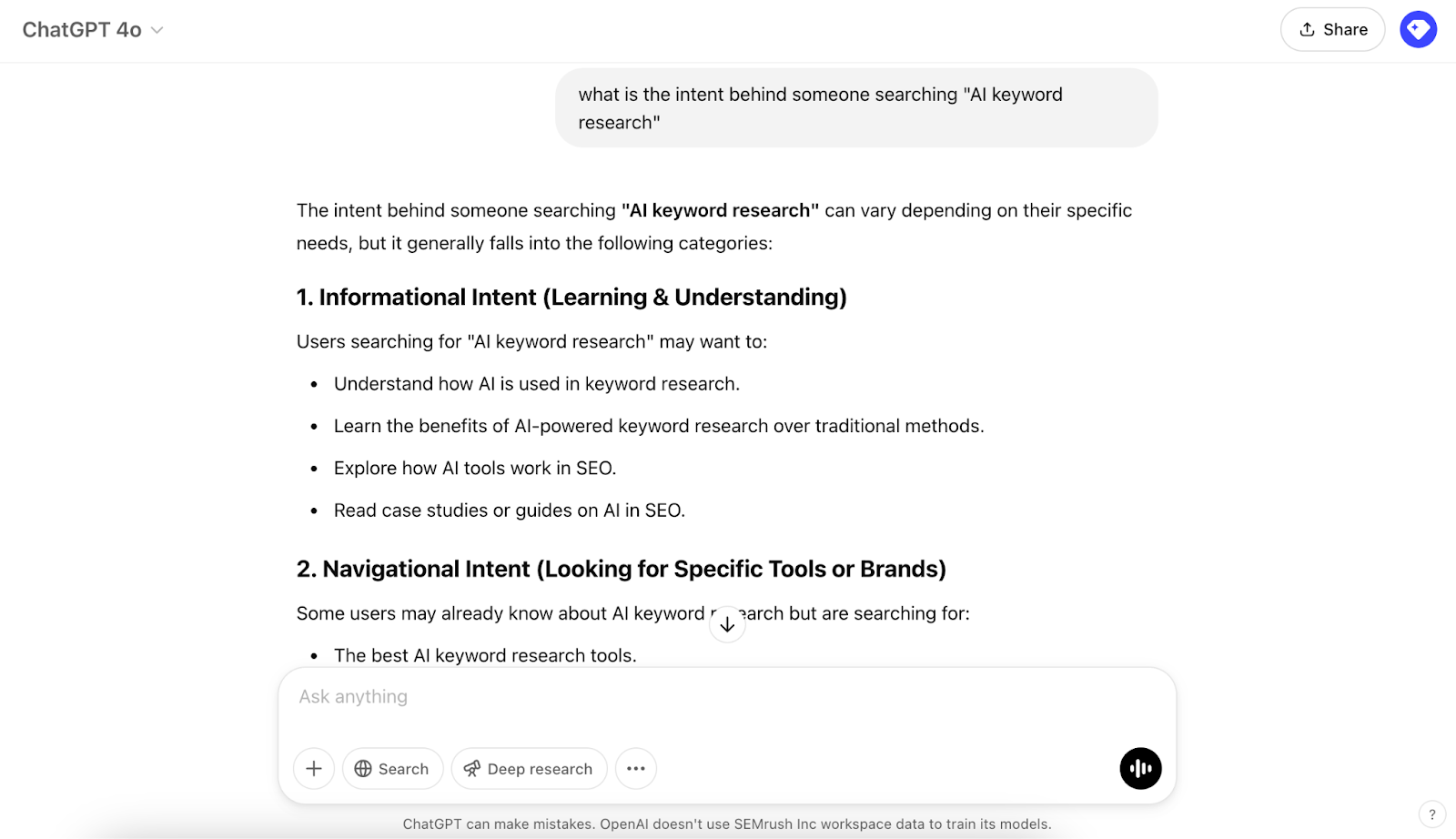 N.聊天,聊天 interface showing a prompt to evaluate 搜索意图 for a keyword and the response generated by the tool.