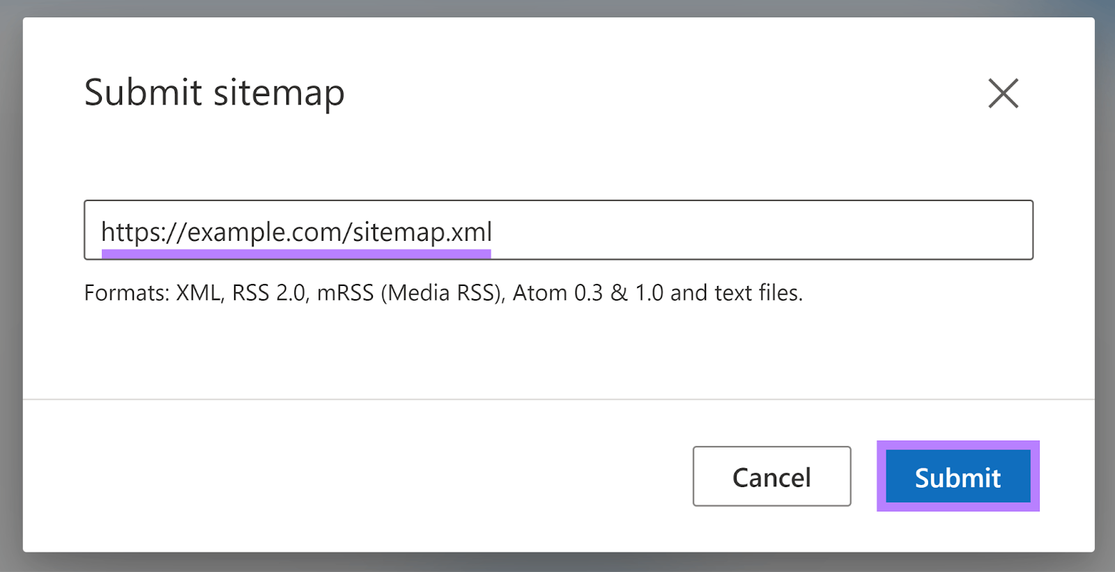 Sitemap URL entered和提交 button highlighted