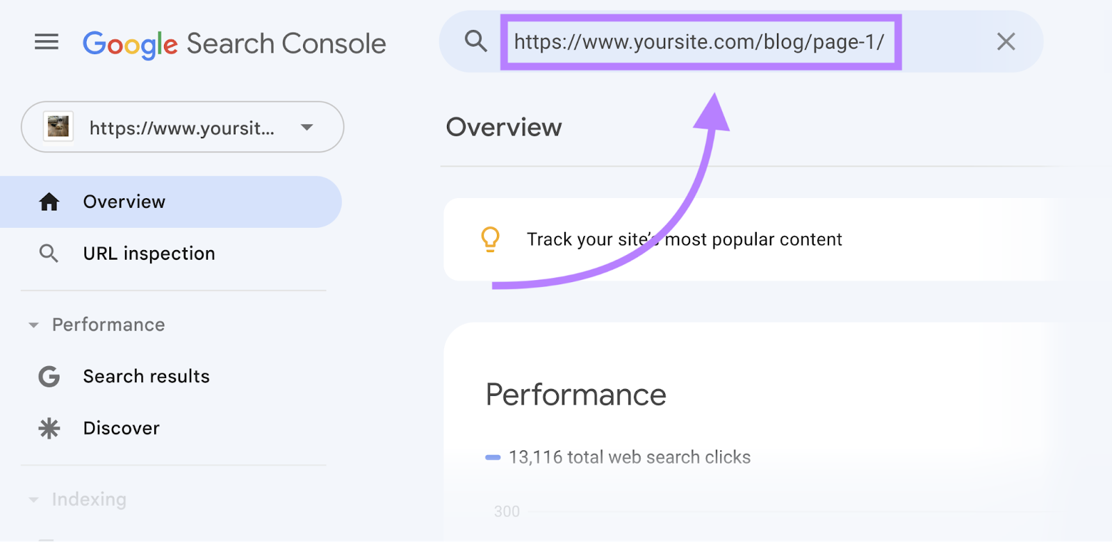 谷歌搜索控制台 interface highlighting a URL in the search bar
