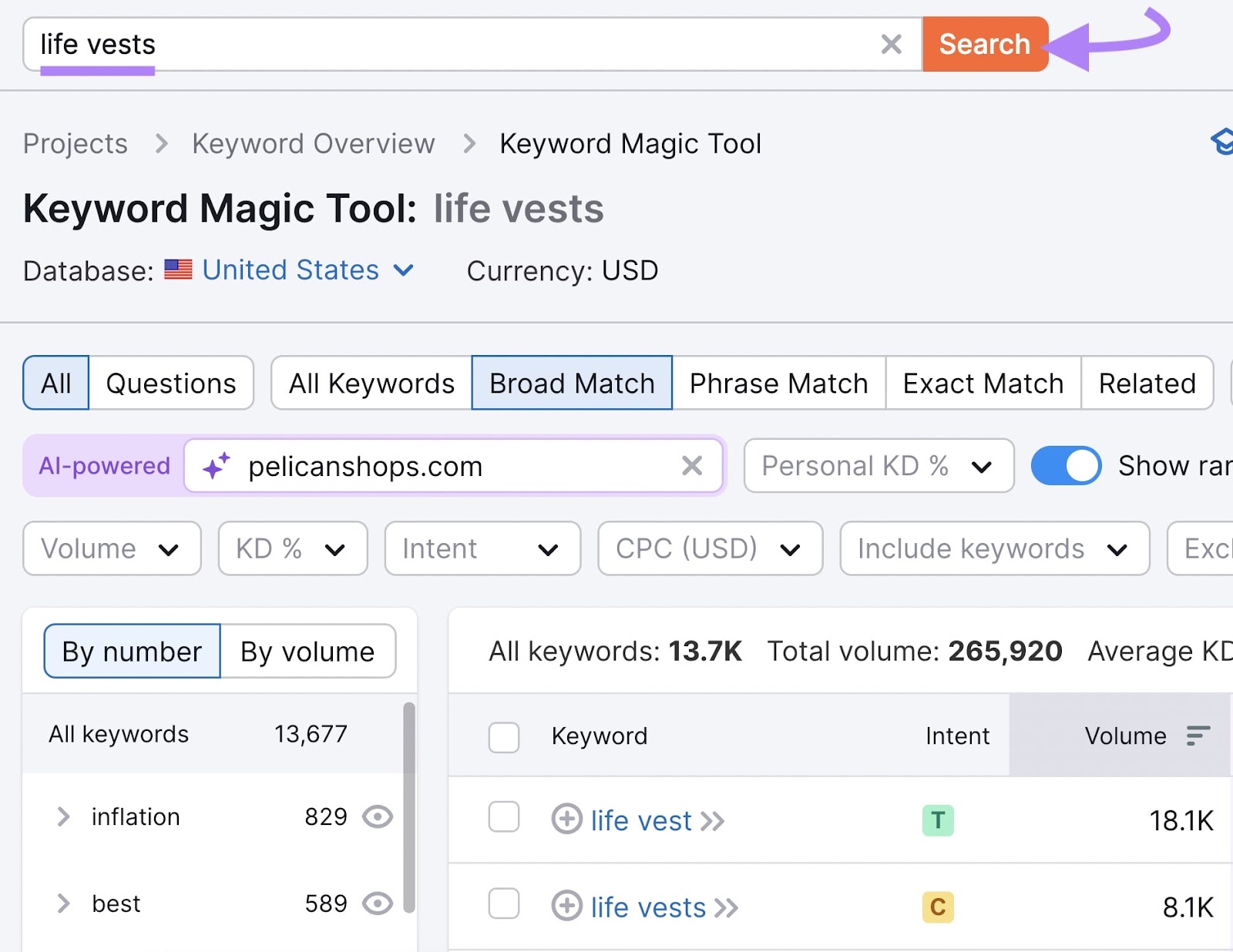Semrush 关键字魔术工具 with 'life vests' entered into search bar