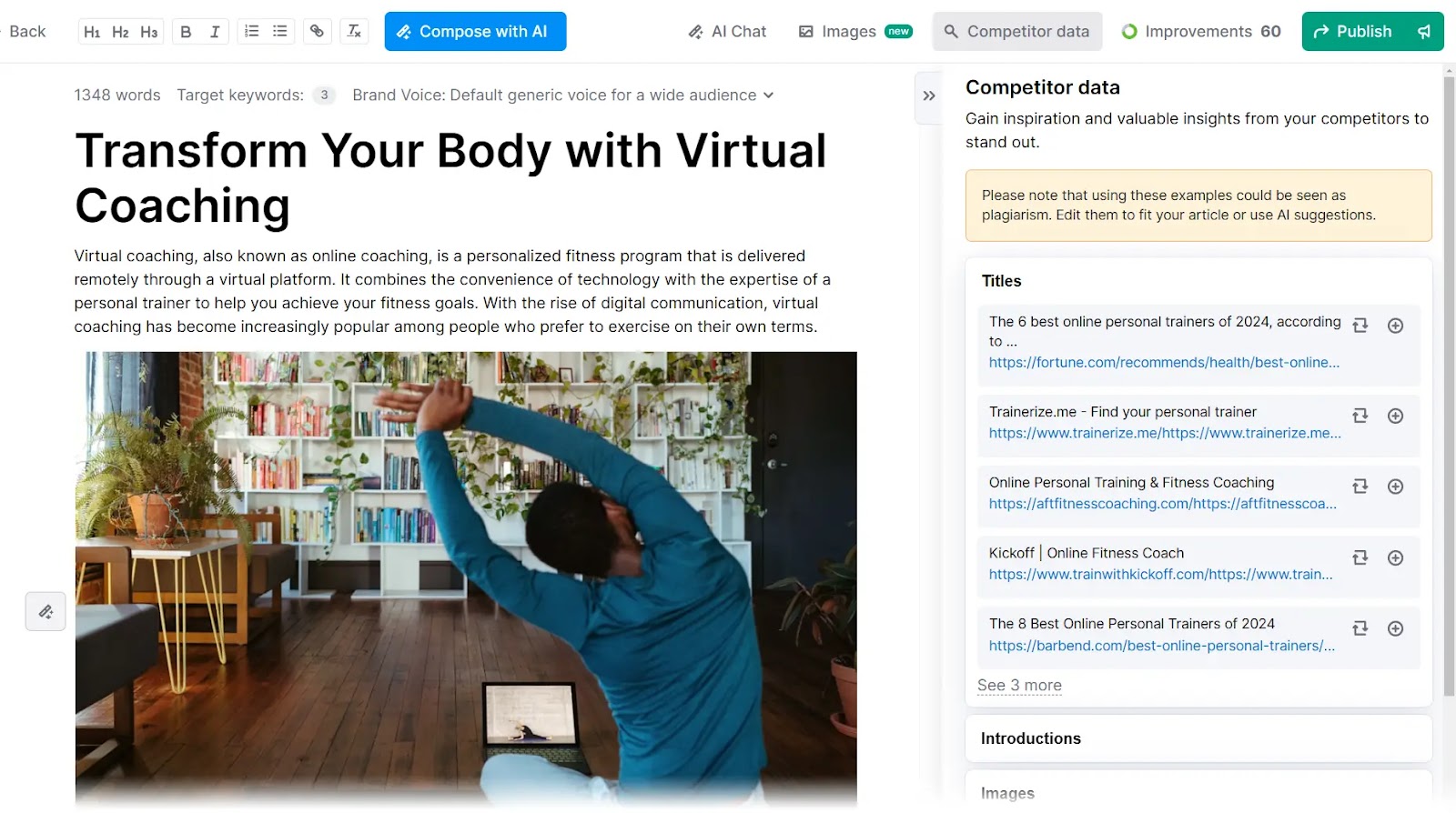 Ai内容 editor with a fitness blog used as an example