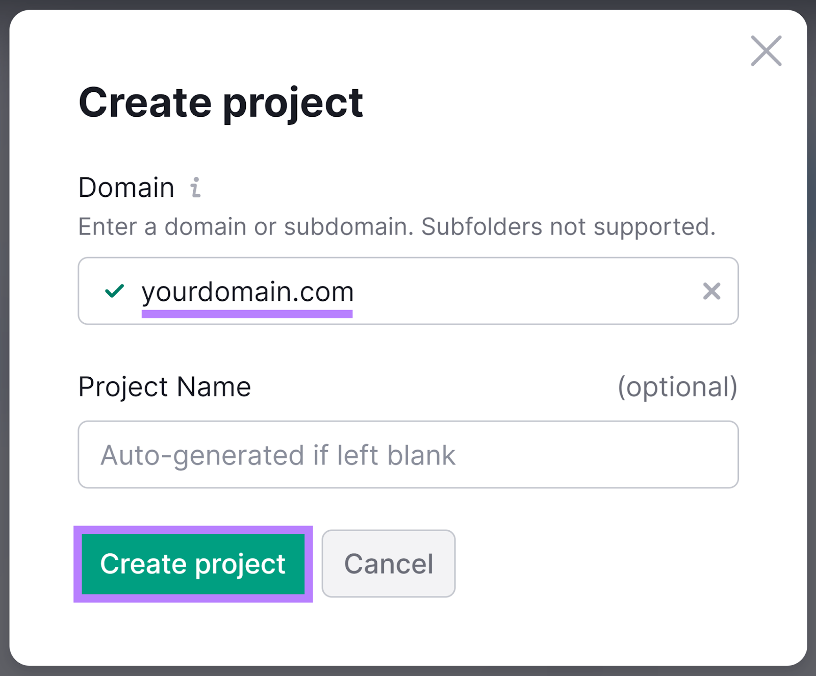 Create Project popup with Domain entered and创建Project button highlighted.