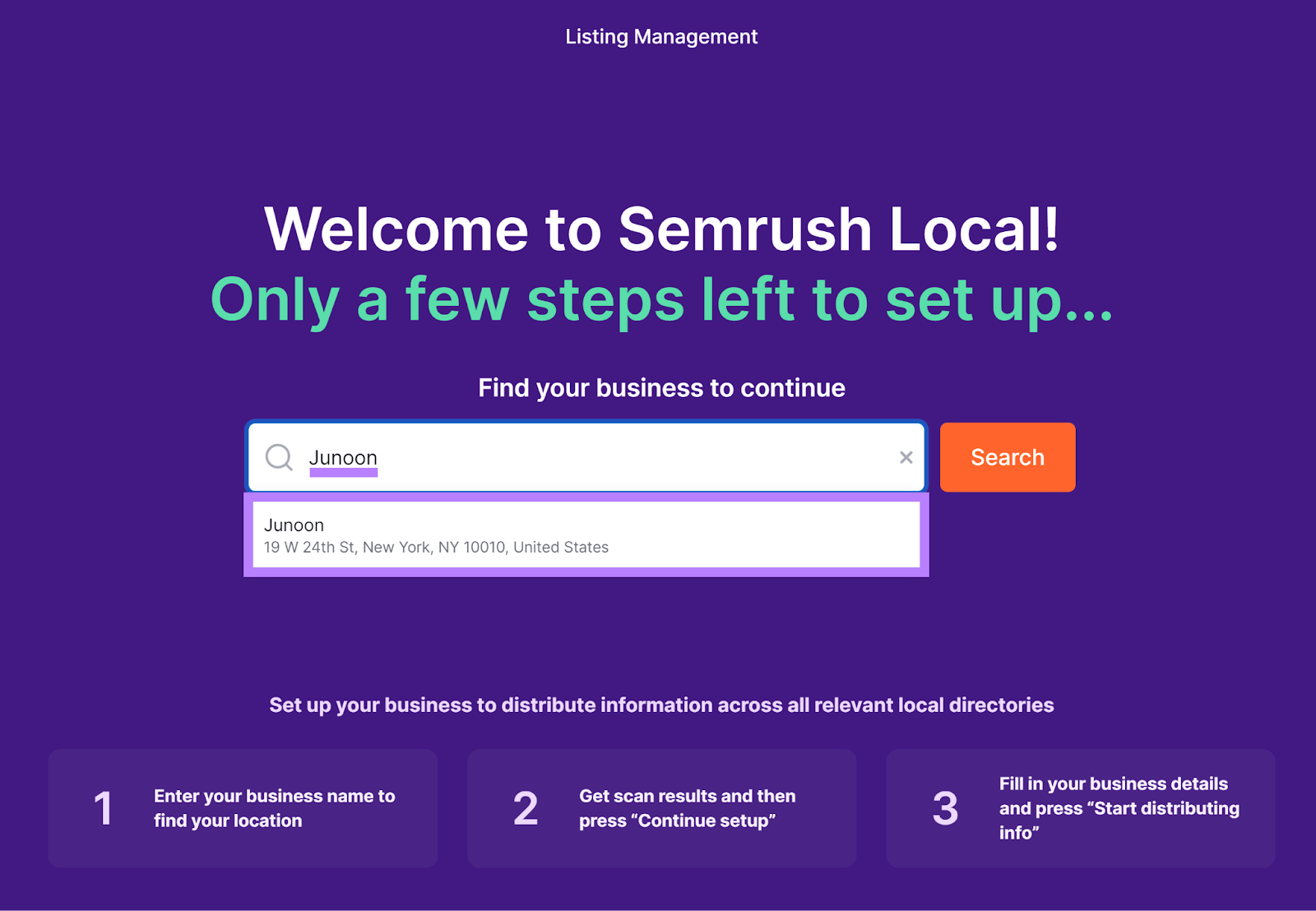 Semrush Local 上市管理 tool start with business name entered in search field and suggested business highlighted