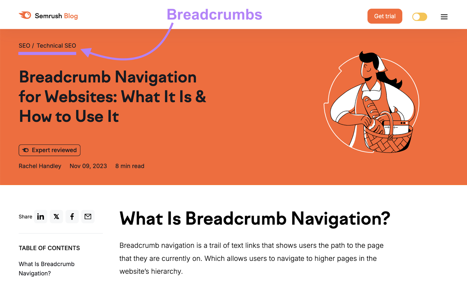 A blog about breadcrumb navigation has the [医]面包屑 高级行政主任, technical 高级行政主任.