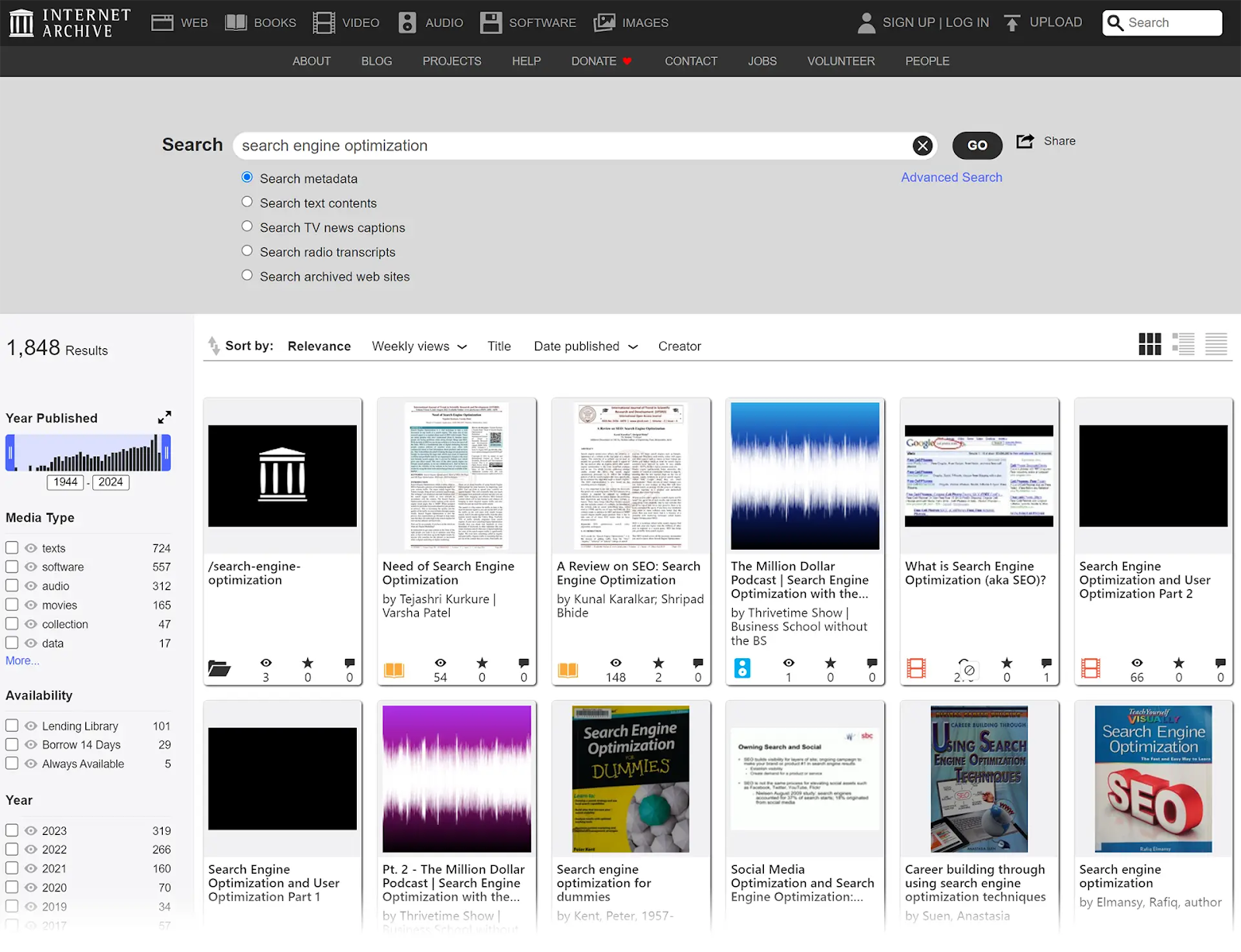 Internet Archive SERP for