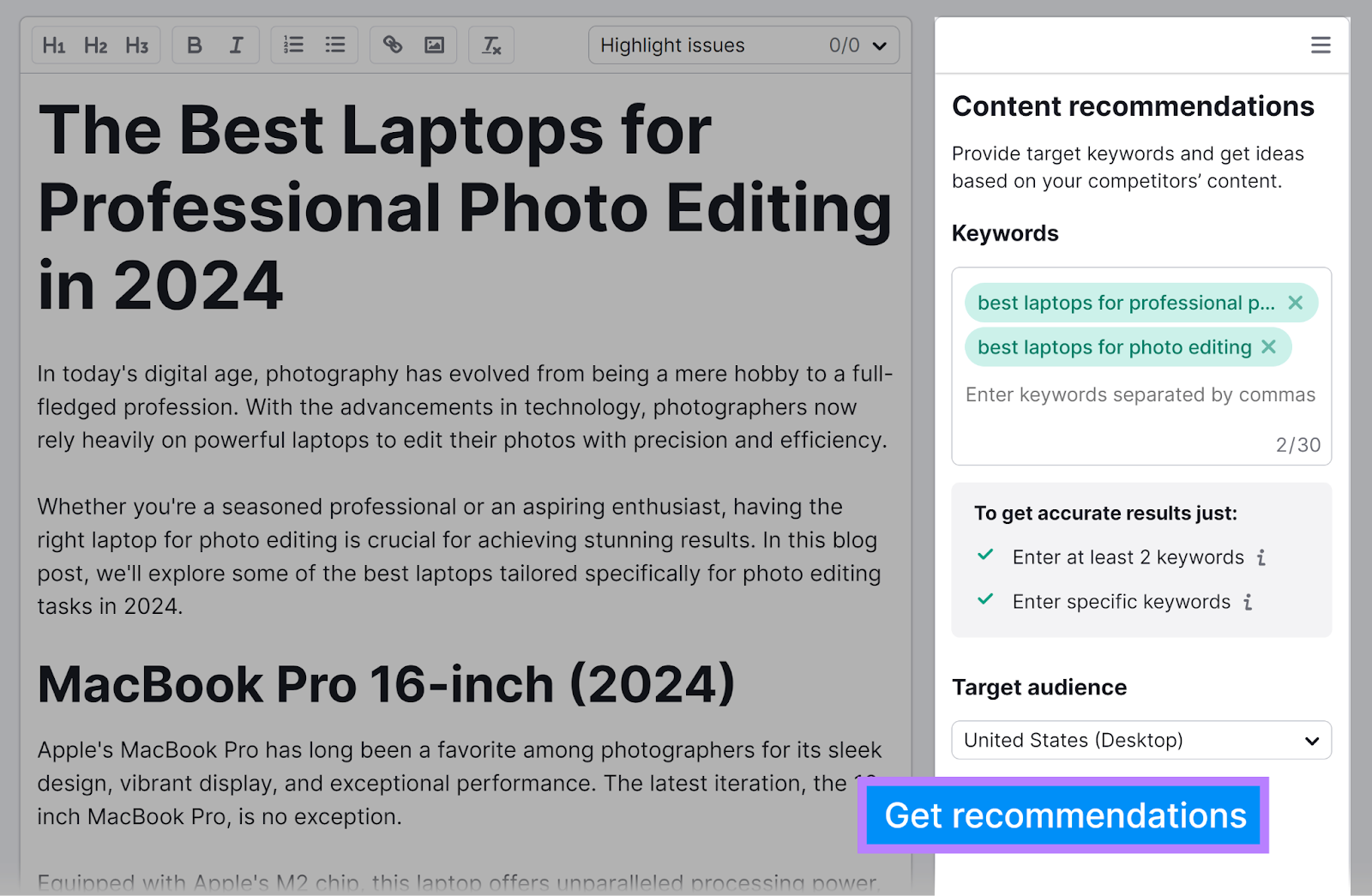 Content Recommendations sidebar和获取推荐 button highlighted.