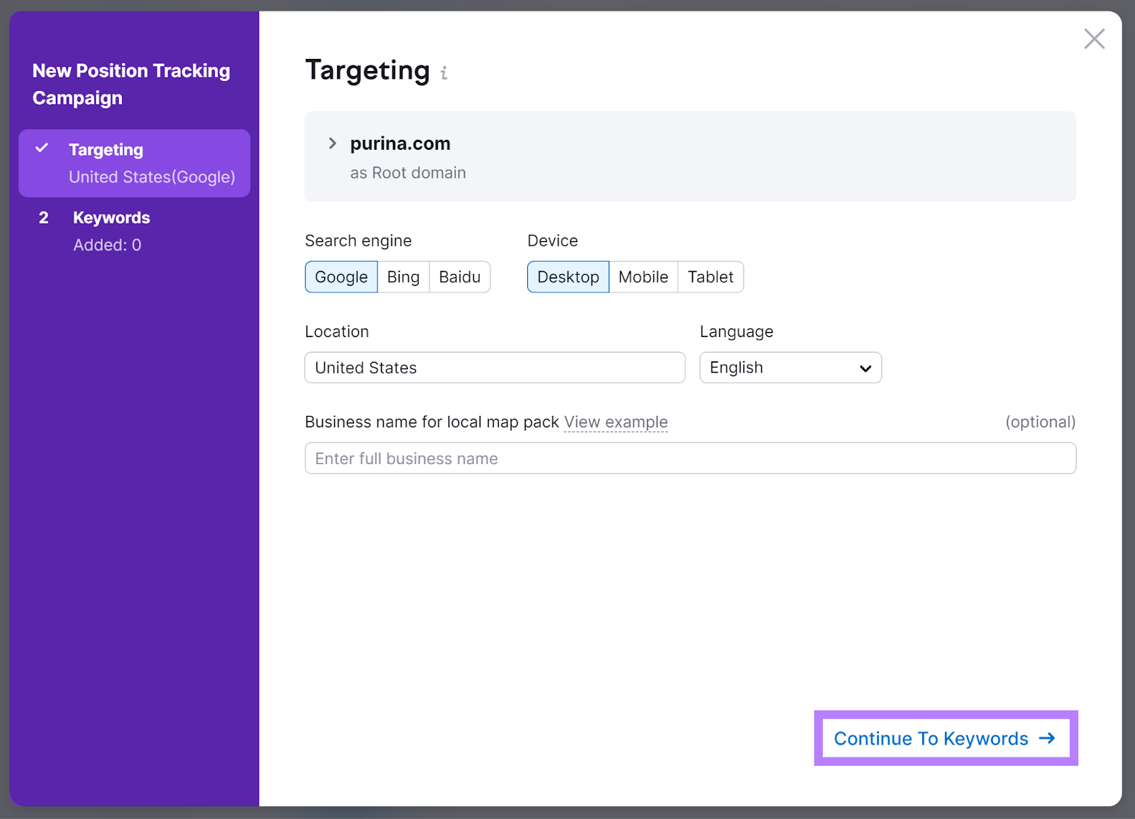 Targeting configuration with location set to United States和'继续 to keywords' button highlighted
