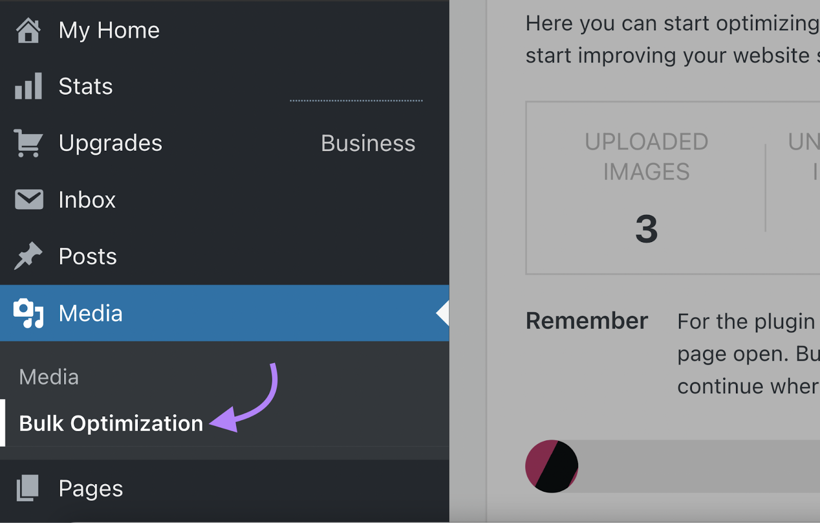 “批量优化” option shown on the Wordpress menu.