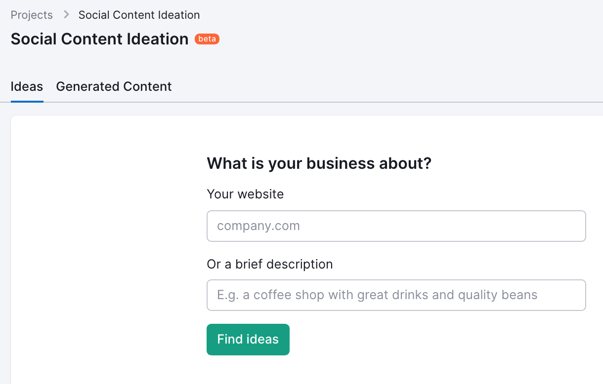 Semrush 社会内容构思 tool dashboard showing a field to enter business details and a button to start finding ideas.