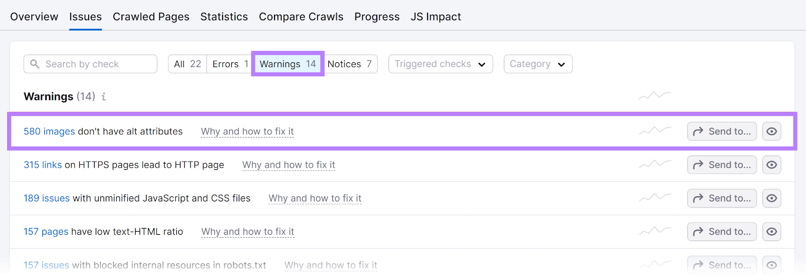 问题 report with Warnings filter selected和row showing images without alt attributes error highlighted.