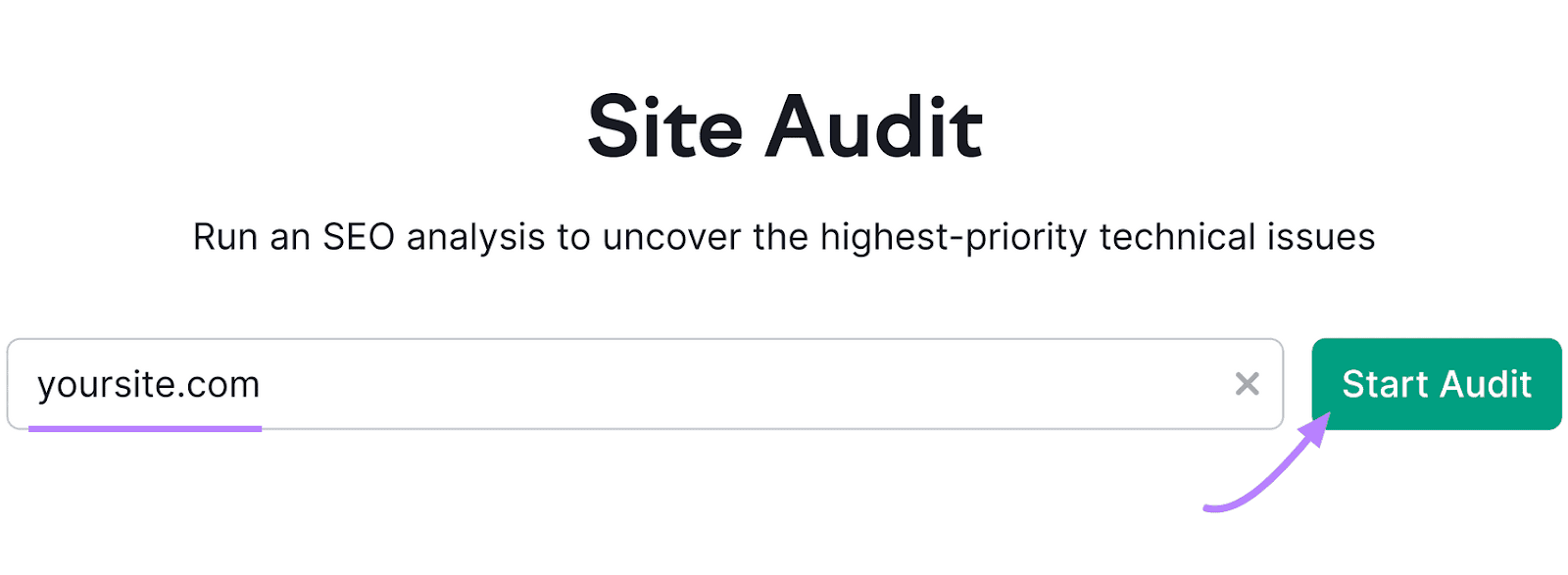 Semrush's 现场审核 tool interface with an input field for a website URL and a green 