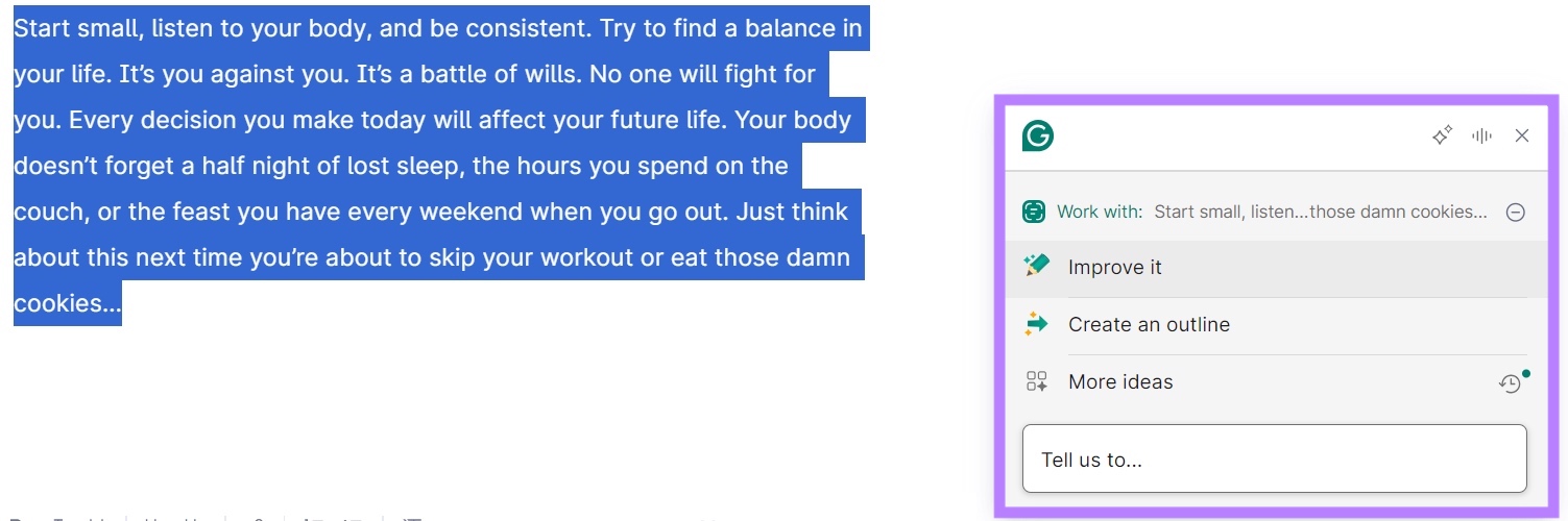 Suggestions section on the right-hand side of Grammarly, including