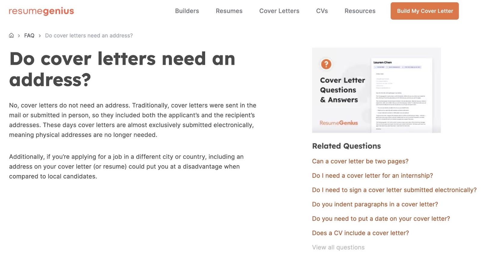 FAQ page by Resume Genius which answers the question “Do cover letters need an address?” and ranks as the featured snippet.