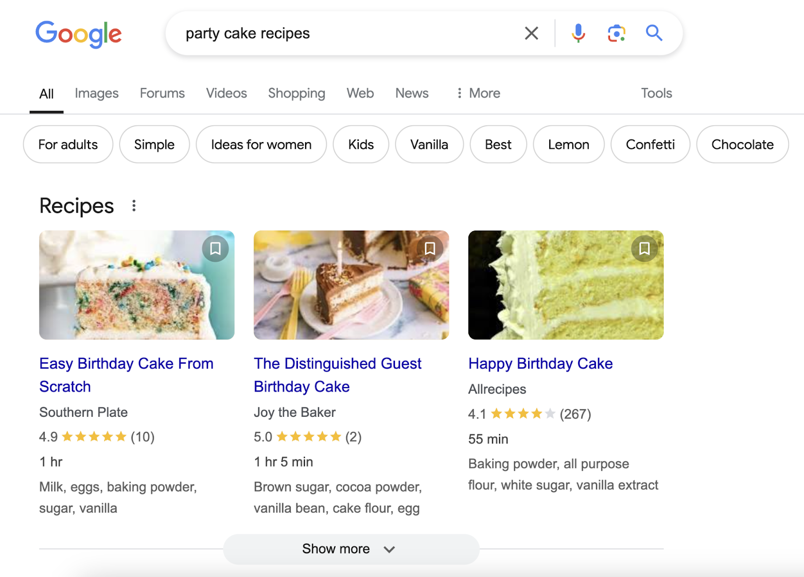 Search for party cake recipes shows Recipes SERP feature和rich results与star rating, time to make,和ingredients.