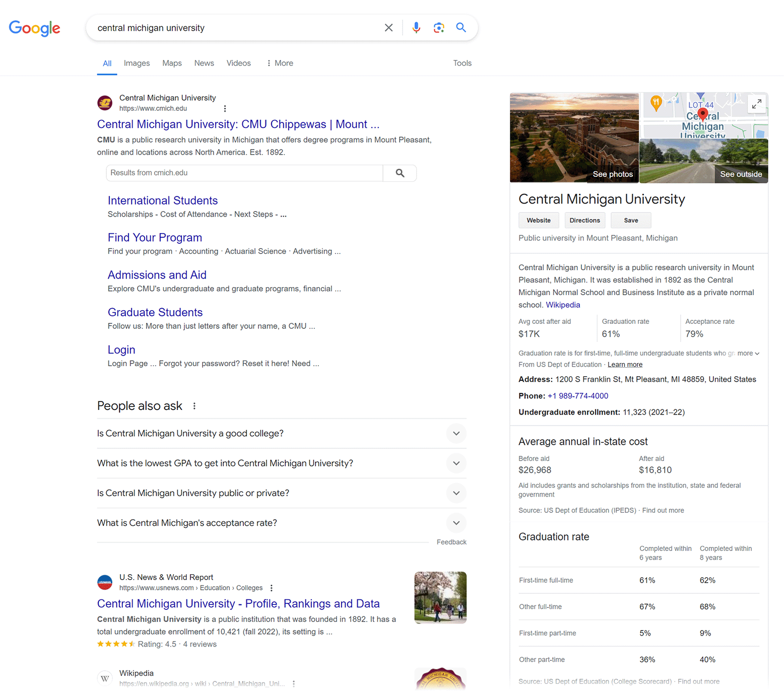 Google SERP的 for 'central michigan university' showing organic results and knowledge graph.