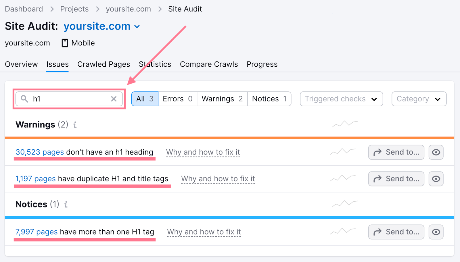 H1标签 errors highlighted in the 