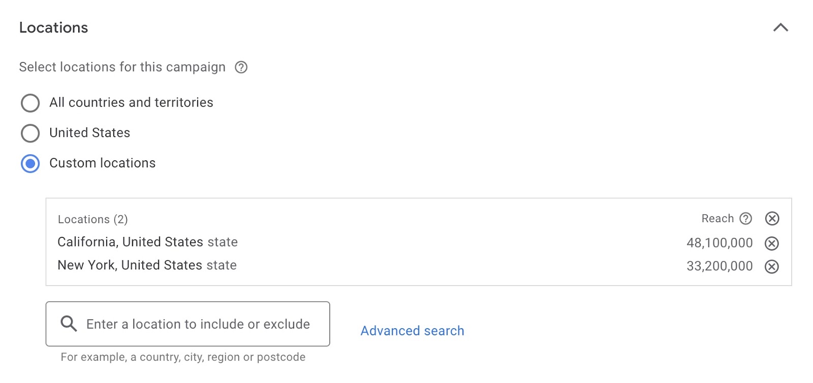 Location settings on 谷歌广告with options to choose a specific country, all countries and territories, or custom locations.