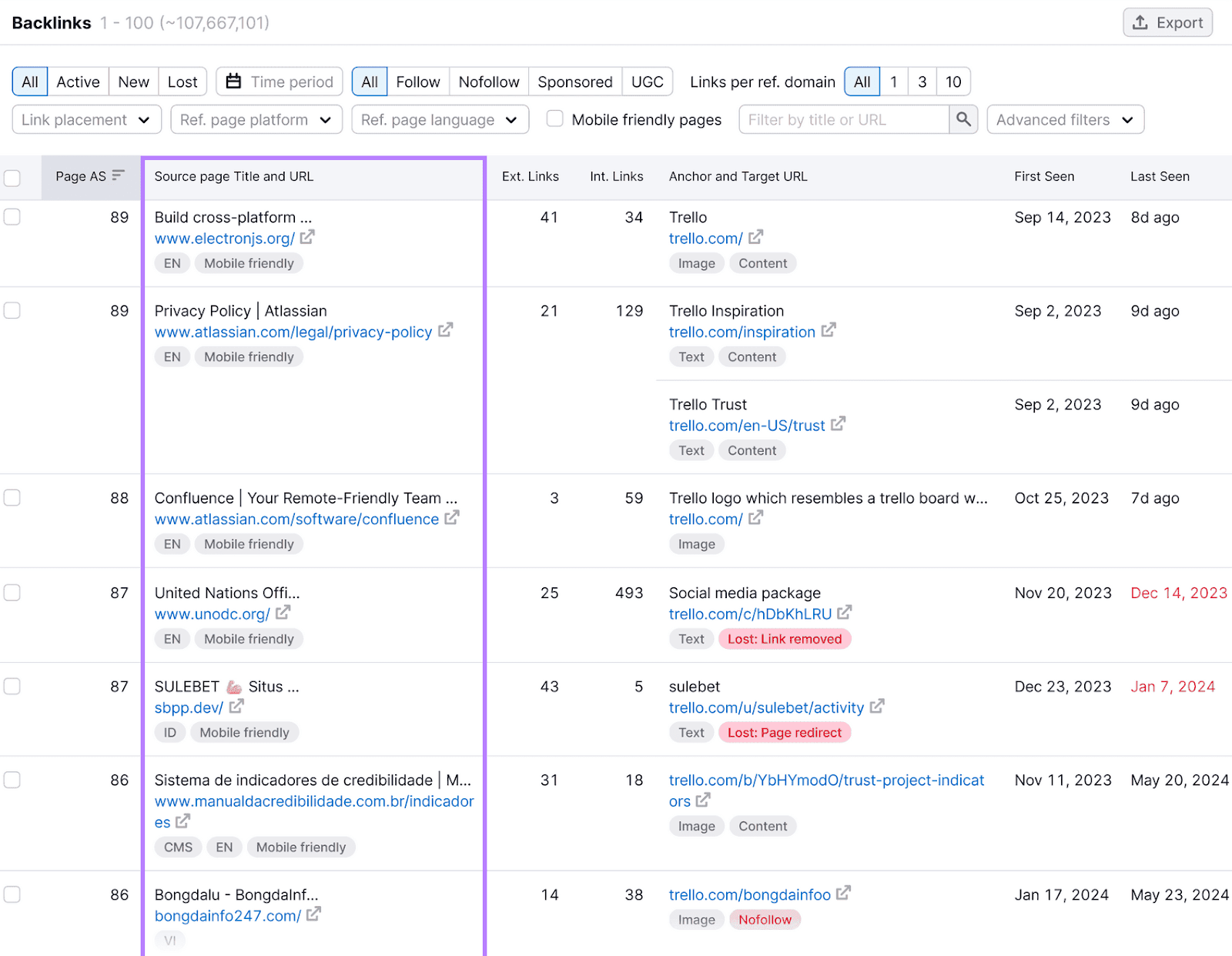 反向链接分析 UI showing a 反向链接 report with multiple columns, with the 