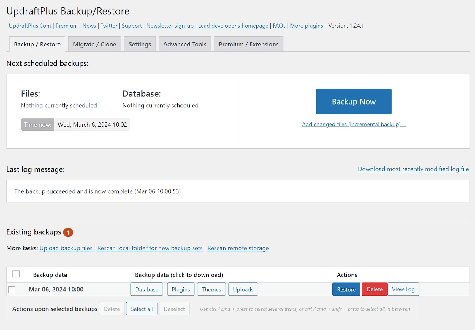 UpdraftPlus公司’s backup interface