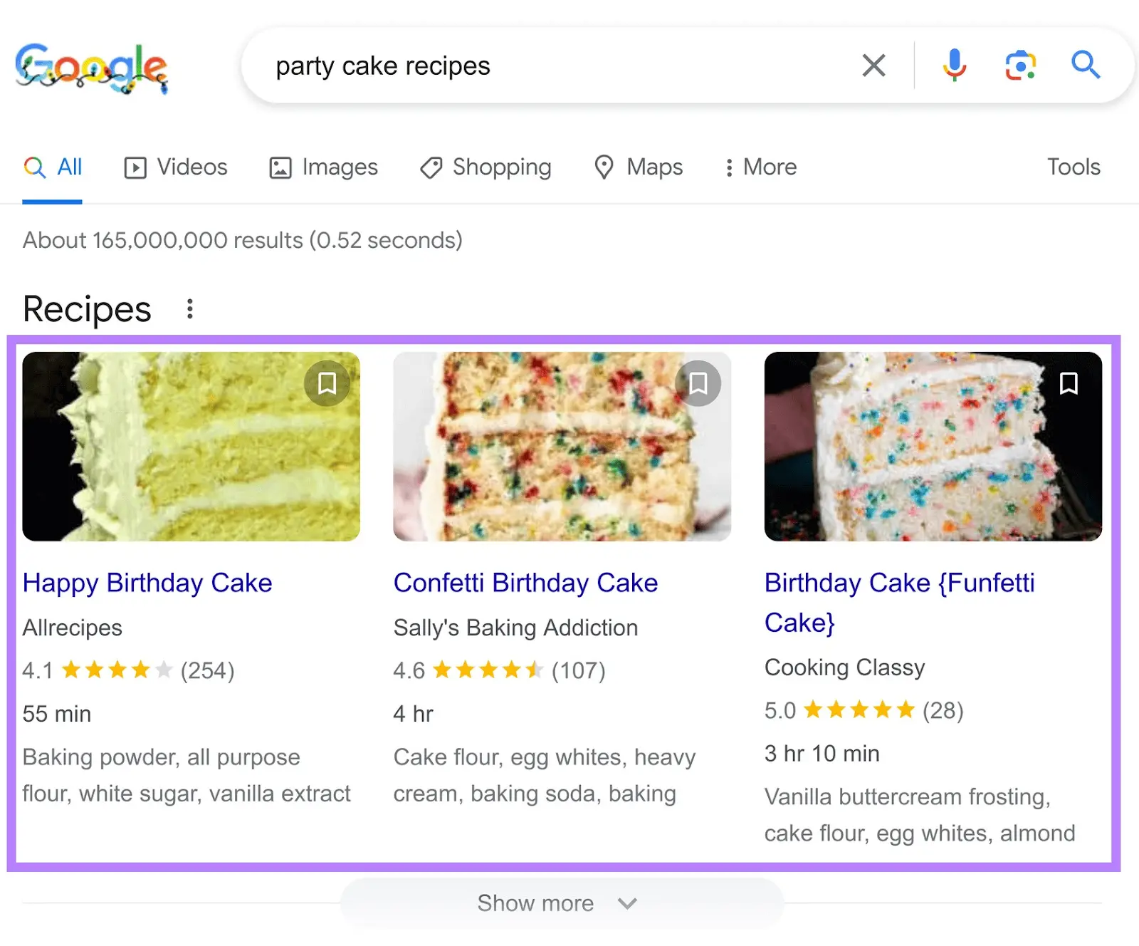 Recipe 丰富的片段 shows three recipes for birthday cakes at the top of the SERP.