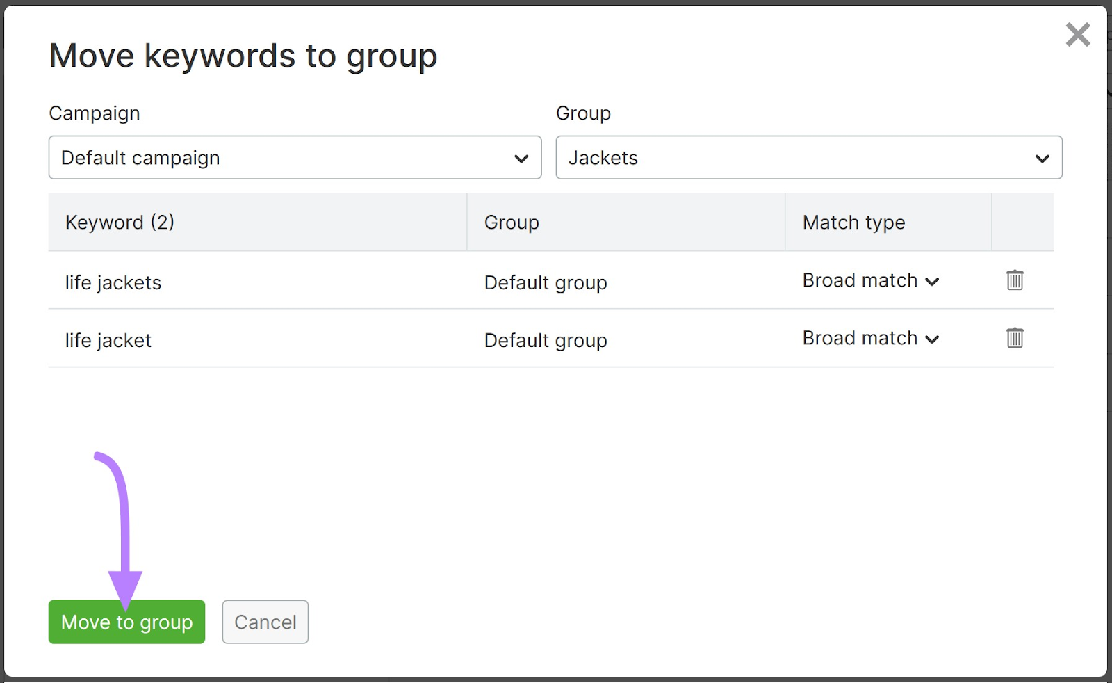 '移动到组' button selected in 'Move keywords to group' window in Semrush PPC的关键字工具