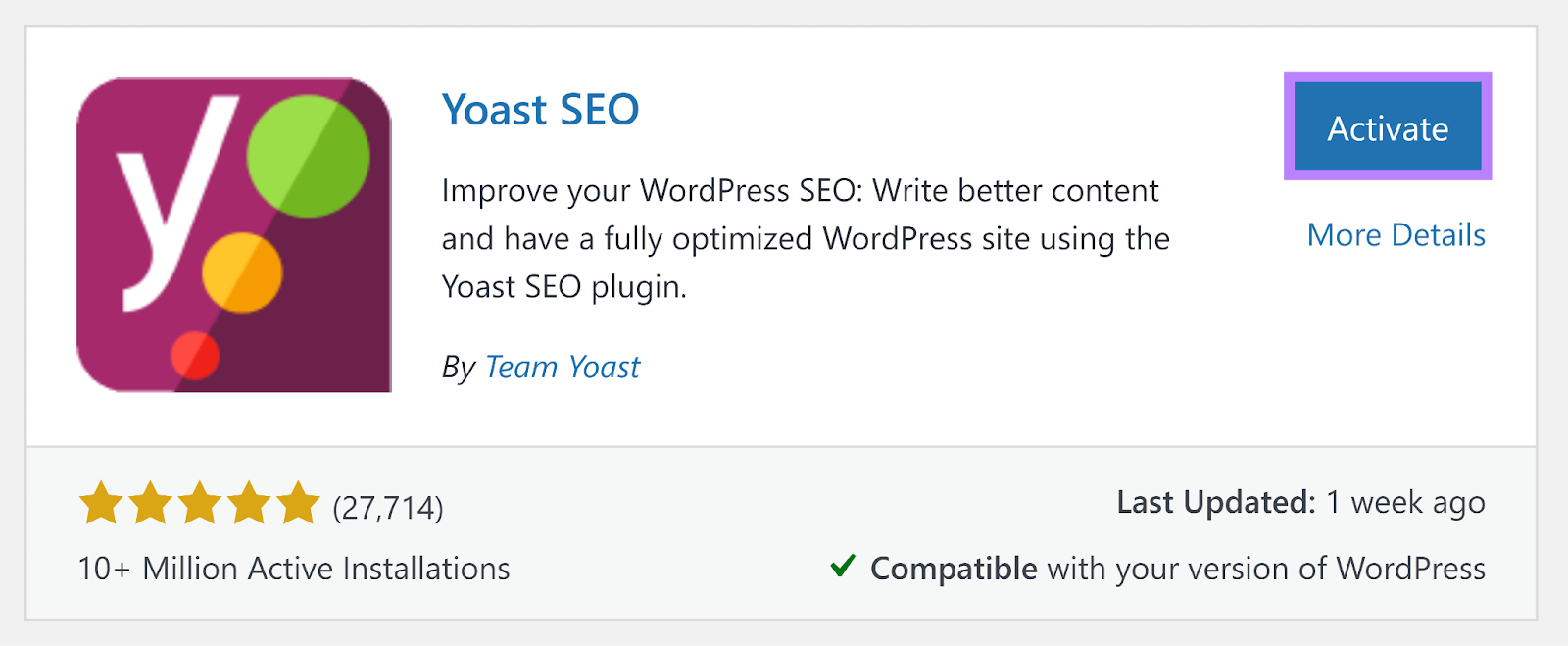 Yoast搜索引擎优化 plugin installed和激活 button highlighted