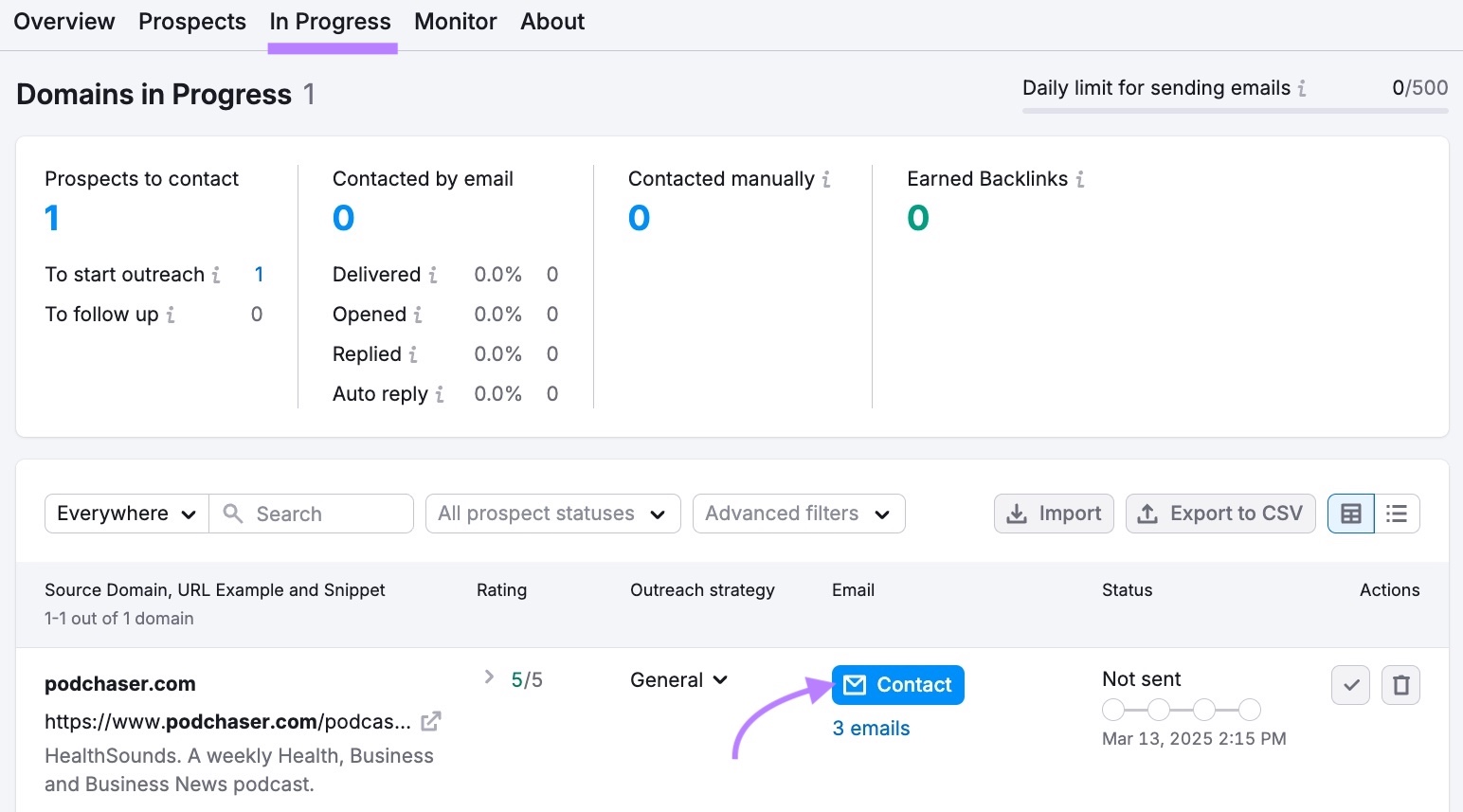 进行中 tab on the Link Building tool with “联系我们”next to a prospect clicked.