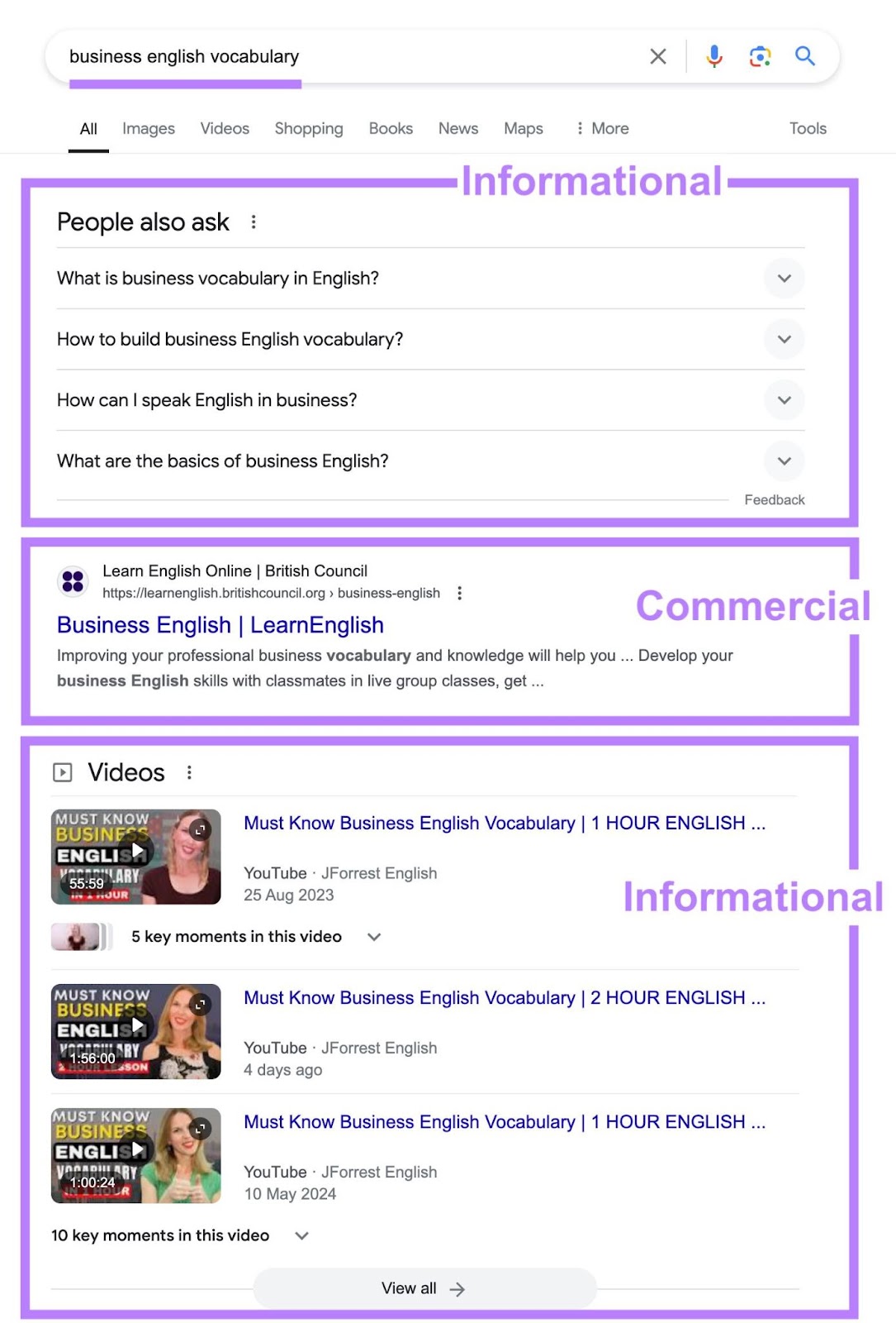 SERP for the term “business english vocabulary” showing listings with both informational和commercial intents